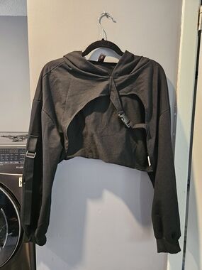Black Cropped Hoodie Shrug with Buckle Straps